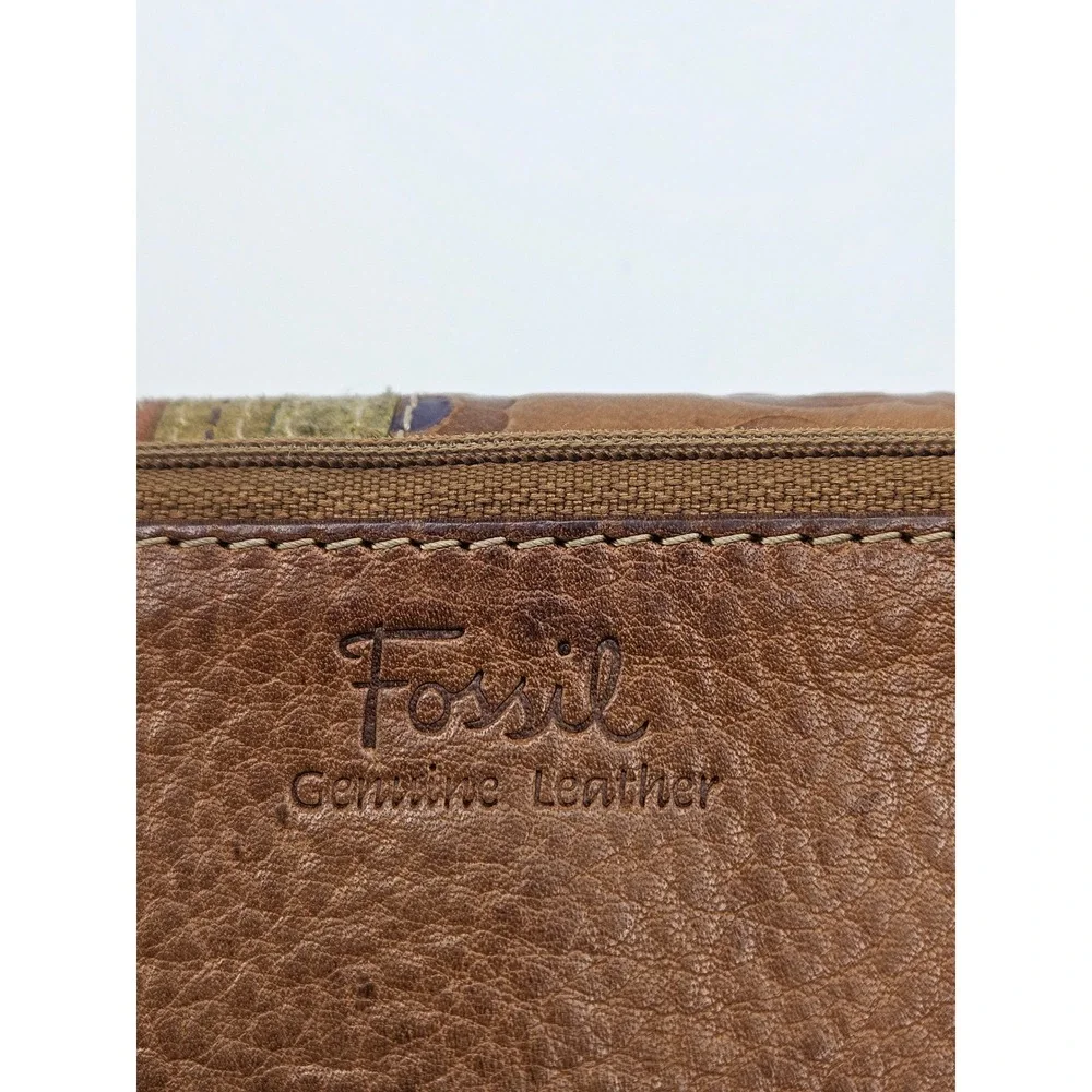 Fossil Brown Leather Patchwork Floral Tri-Fold Wallet with Zipper Pocket